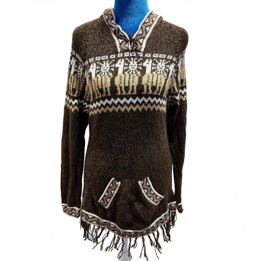 Vintage 100% Alpaca Peru Hooded Fringe Longline Sweater Y2K
